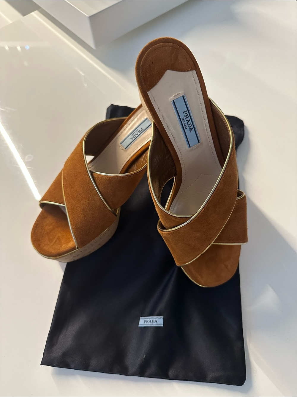 Prada Brown Suede Crisscross Wedge Sandals with Gold Trim